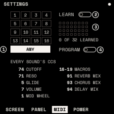 SETTINGS > MIDI